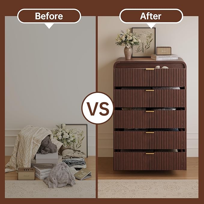 FURSUN Fluted 5 Drawers Dresser for Bedroom, 48" Tall Wooden Modern Dresser with Metal Handle, Curved Profile Design, Storage Organizer for Living Room, Hallway, Dark Walnut