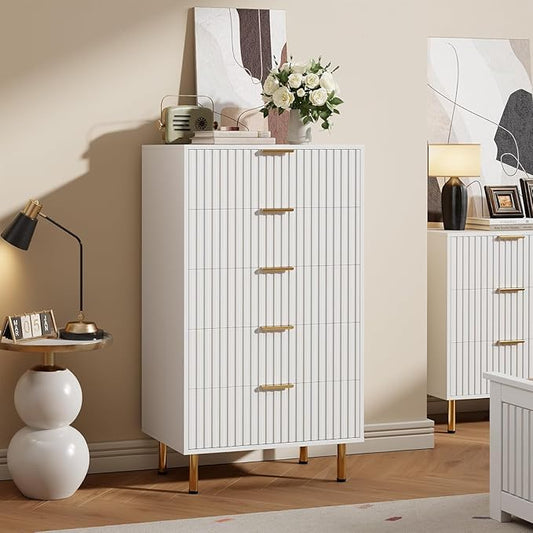GarveeHome Fluted 5 Drawer Dresser for Bedroom, 48" Tall Modern Chest of Drawers with Deep Drawers and Wide Top, Wooden Dresser Organizer for Living Room, Hallway, Kids Room, White