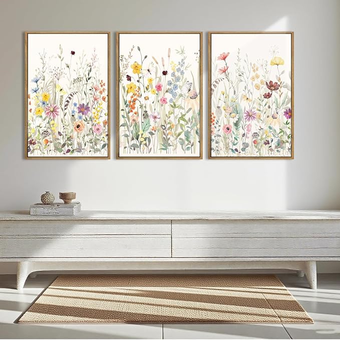 BINCUE Large Framed Floral Canvas Wall Art Colorful Wildflower Pictures Wall Decor for Living Room Bedroom Home Decor 3 Panel 16x24 Inches