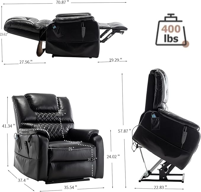 Recliner with Lift Assist for Seniors, Heavy Duty Lay Flat Recliner 180-Degree, Dual Motor Power Stand Up Lift Chair with Massage and Heat, Infinite Position Electric Recliner Chair for Elderly