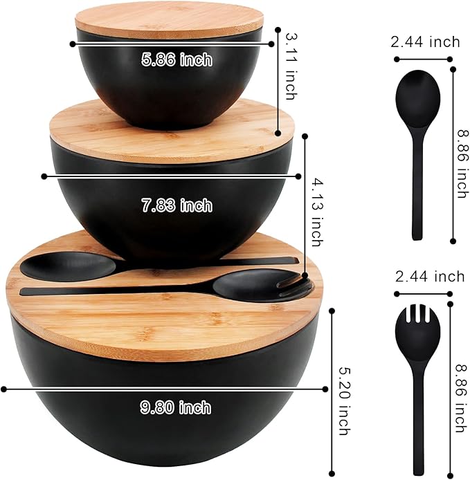 Salad Bowls Set of 3 with Lid & Serving Utensils, Bamboo Fiber Mixing Bowls Set Large Serving Bowls & Storage Set with Bamboo Lid for Salad, Kitchen Eating, Pasta, Popcorn, Chips, Fruit, Black