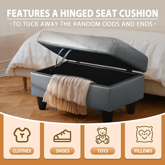 Ottoman Rectangular Storage Ottoman Bench, Faux Leather Footrest, Coffee Table, Stool Footstool with Hinged Lid for Living Room, Bedroom, Entryway, Light Blue, 35"x23.5"x17.5"