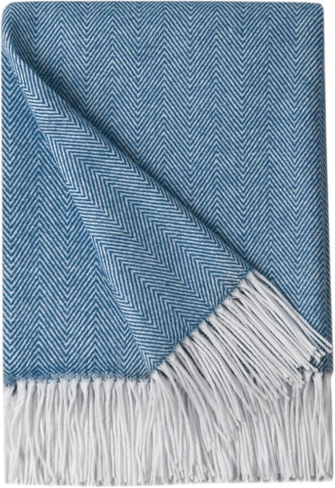 BOURINA Decorative Herringbone Faux Cashmere Fringe Throw Blanket Lightweight Soft Cozy for Bed or Sofa Farmhouse Outdoor Throw Blankets, 50" x 60", Navy