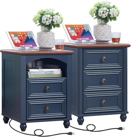 18" Farmhouse Night Stand Set 2 with Charger Station, Blue 2 & 3 Drawers Wood Nightstand, Bedside End Table with Storage and Roman Column, Bed Side Tables Cabinet for Bedroom, Living Room, and Closet