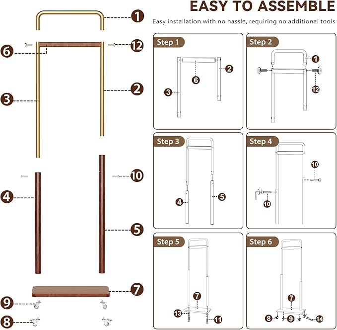 Clothes Rack Solid Wood Coat Rack, Metal and Solid Wood Combination Clothing Rack with Wheels for Entryway, Bedroom, Living Room, Coat Racks Freestanding for Hanging Clothes Garment Scarf