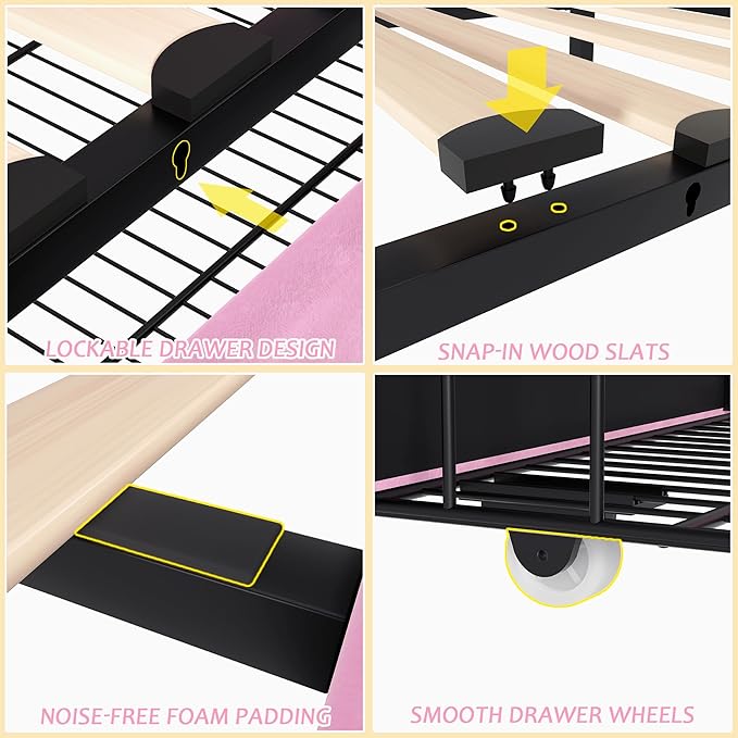 VECELO Queen Size Upholstered Platform Bed Frame with 4 Storage Drawers, Adjustable Velvet Rivet Decor Headboard, Wooden Slats Support, No Box Spring Needed, Easy Assembly