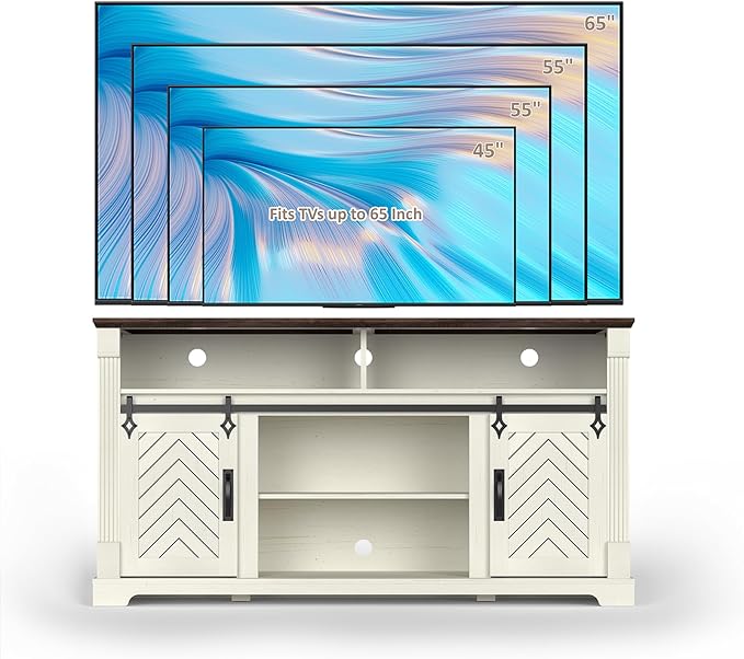 Farmhouse TV Stand for 65+ Inch TV, 31" Tall Entertainment Center with Sliding Barn Door, Rustic TV Stands for Bedroom with Adjustable Shelf, Wooden TV Consoles for Living Room, Antique White