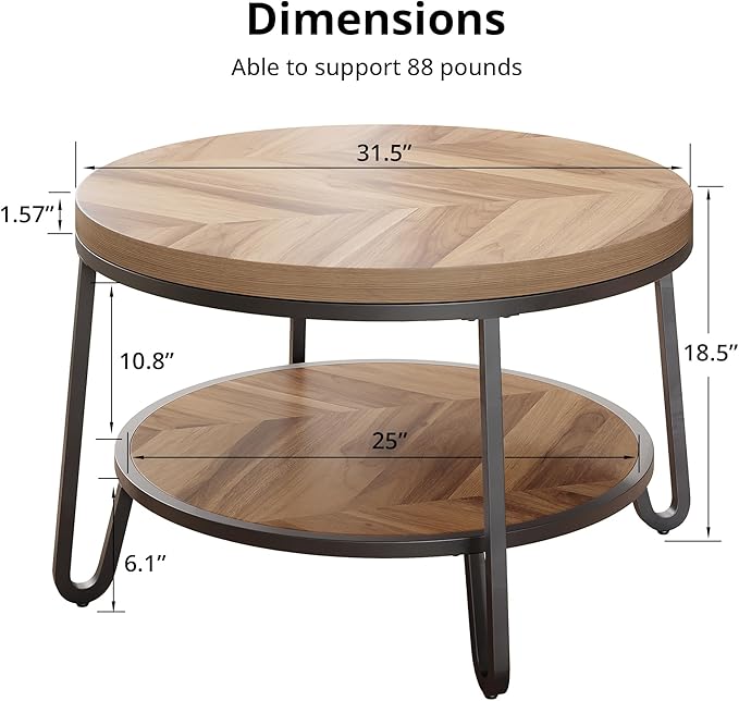 32" Round Coffee Table, Circle Coffee Table for Living Room with 2-Tier Storage Shelves, Design Accent Center Table with Wood Grain Desktop, Easy to Assemble
