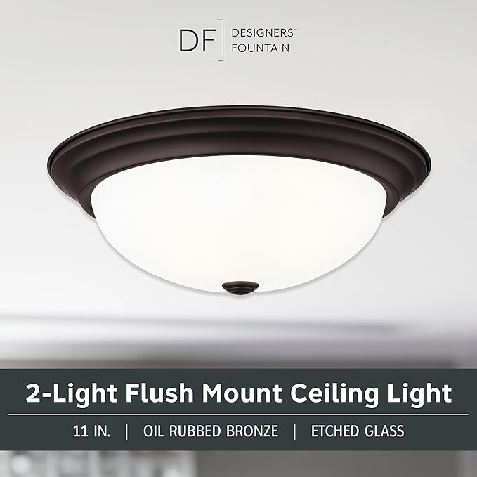 DESIGNERS FOUNTAIN Reedley 2-Lights Flush Mount Ceiling Light, 11 Inch Lighting Fixture for Kitchen, Bedroom, Bathroom, and Hallway, Oil Rubbed Bronze with Etched Glass, 1257S-ORB-W