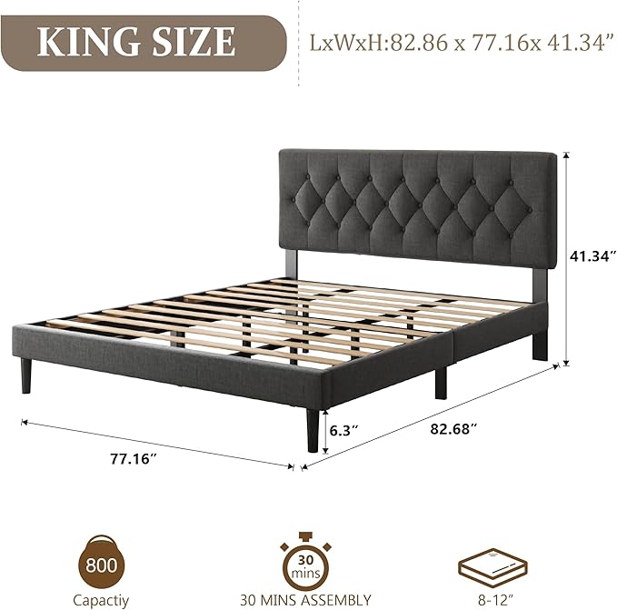 King Size Platform Bed Frame with Upholstered Headboard, Button Tufted Design, Strong Wooden Slats, No Box Spring Needed, Easy Assembly, Noise Free