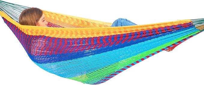 PNAEUT Mayan Hammock, Handwoven XL Thick Soft Rope Hammocks for Outdoor Indoor, Max 600 lbs Capacity, Tree Straps & Carabiners Included (Tropical, No Stand)