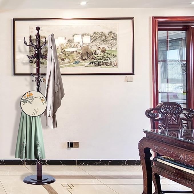 Coat Rack Freestanding, Wooden Tree Coat Rack Stand with 3 Adjustable Sizes Coat Tree and 14 Hooks, Sturdy Hall Tree with Solid Round Base for Entryway, Hallway,Bedroom (Solid Wood Fenghuang Gou)