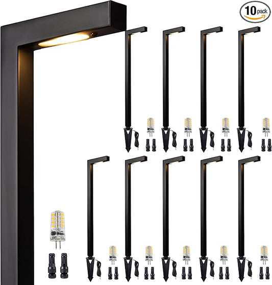 Outdoor Brass Low Voltage Driveway Lights, Black 12V Electric Waterproof Pathway Lighting, Wired Bronze L Shape Path Lights for Sideway Garden Patio with 3W 270LM 4000K G4 Bulb 10 Pack