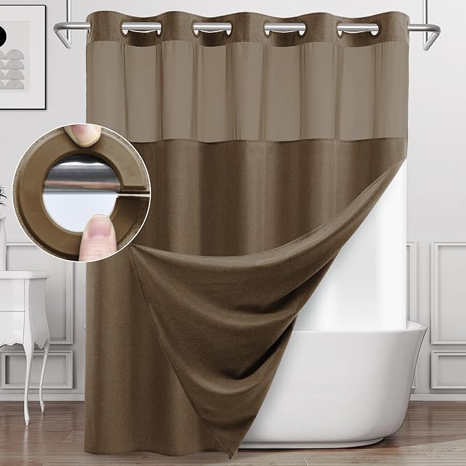 No Hook Shower Curtain with Snap in Liner, Polyester Textured Shower Curtain with Liner Set, Waterproof Washable Hotel Style Shower Curtains for Bathroom, 71Wx74H, Brown