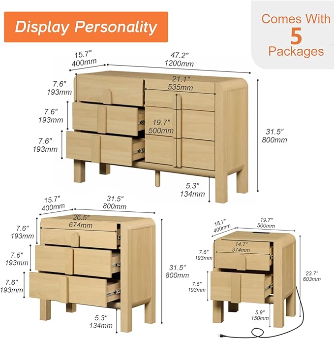 WAMPAT 5 Piece Dresser and Nightstand Sets for Bedroom, Modern 47.2" Wide 6 Drawer Chest & 3 Drawer Dresser Set of 2, and Nightstand Set of 2 with Charging Station,Oak