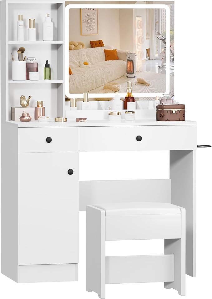 Vanity Desk with Mirror and Lights, 3-Color Lights Adjustable Brightness, White Vanity Makeup Desk with Drawer & Charging Station, Large Dressing Table Make Up for Bedroom