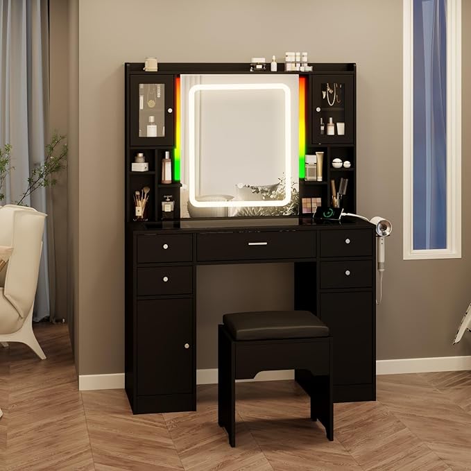 Black Vanity Desk with LED Mirror,Makeup Vanity with Charging Station & RGB Lights,5 Drawers 4 Shelves Makeup Desk Vanity Table Stool Set with Glass Table Top & Time Display Lights