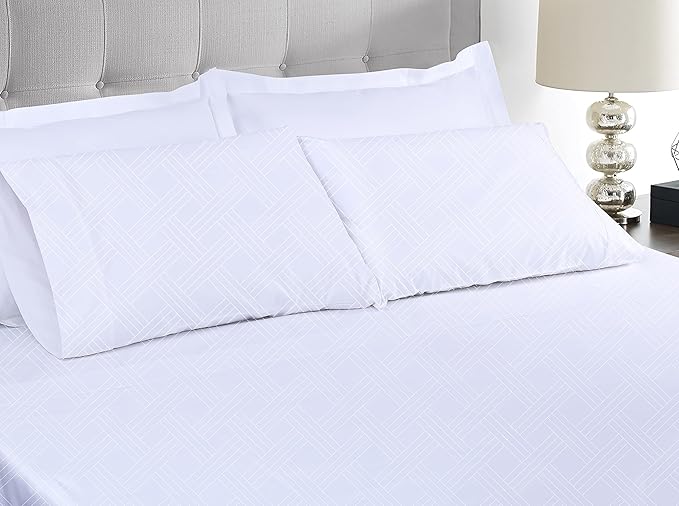 Threadmill Luxury 100% Cotton Full Bed-Sheets - 800 Thread Count Jacquard Celine Hotel White, Better Than Egyptian Cotton,4 Pc Striped Bed Set, Damask Sheets with 16" Deep Pocket