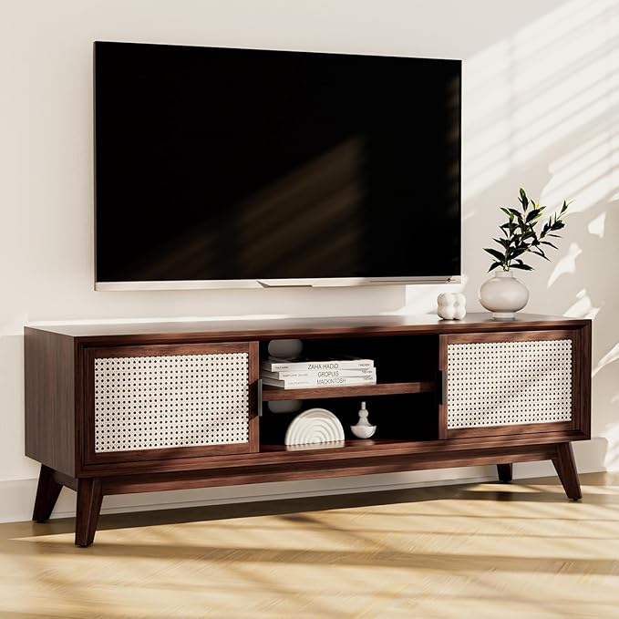 Bme Jasper Premium Solid Wood TV Stand, Under 10 Minutes Assembly (Legs Only), Aesthetic Rattan Doors, Bedroom, 65 inches, 64.6 x 17.7 x 21.65, Media Console - Walnut