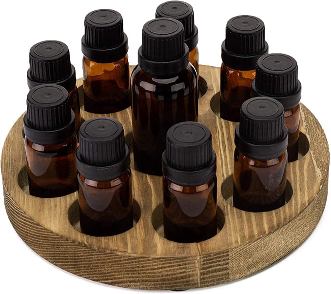 MyGift Small Essential Oil Bottle Holder - 10 Slot Brown Wood Round Storage Display Rack, Nail Polish Holder, Lipstick Organizer
