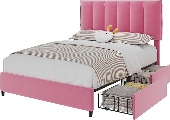 VECELO Full Upholstered Bed Frame with 4 Storage Drawers and Adjustable Velvet Headboard, Heavy-Duty Platform bedframe, No Box Spring Needed, Pink