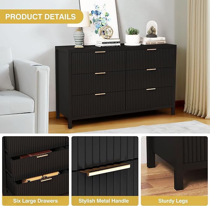 Fluted 6 Drawer TV Stand Dresser for Bedroom, Mid Century Modern Dresser with Drawers, Storage Organizer with 6 Drawers, Fluted Cabinet for Closet Cloth, Living Room, Entryway -Black