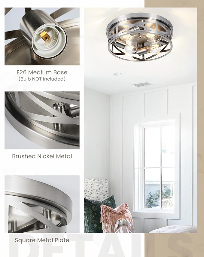 Brushed Nickel Flush Mount Ceiling Light Fixtures,4-Light Modern Brushed Nickel Hallway Light Fixtures Ceiling Mount for Farmhouse,Kitchen, Bedroom 1 Pack