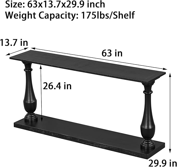 63 Inch Console Table with 2 Vase-Leg, Vintage Wood Grain Sofa Table Behind Couch, Narrow Entryway Accent Table for Living Room, Entrance, Hallway, Foyer, Bedroom, Apartments, Black