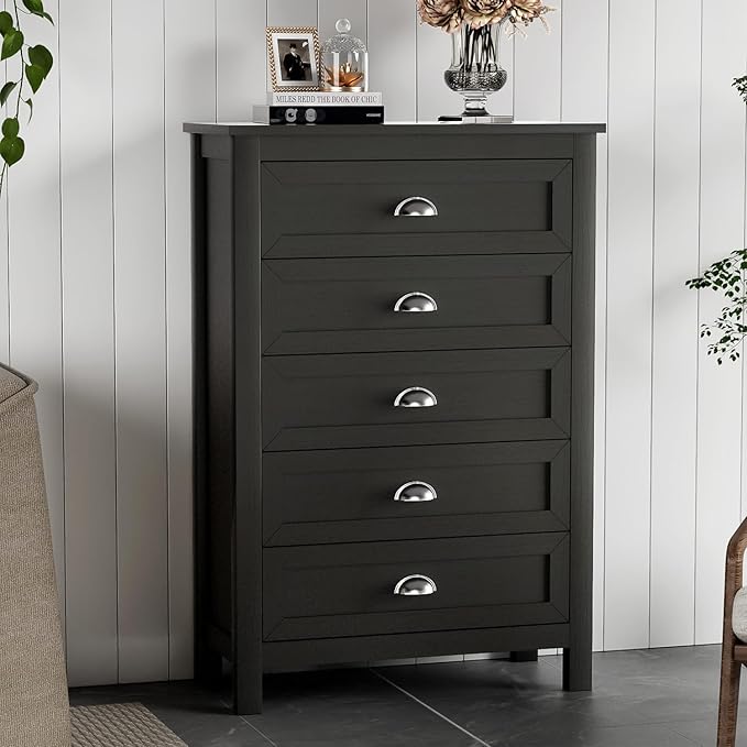 Farmhouse 5 Drawer Dresser for Bedroom, 47" Tall Dresser, Modern Black Chest of Drawers Organizer for Bedroom, Closet, Living Room, Entryway, Hallway