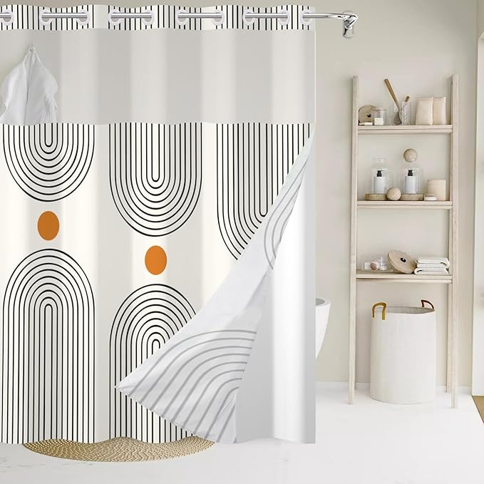 No Hook Shower Curtain with Snap in Liner, Ivory Boho Mid Century Modern Arch Heavy Duty See Through Window Waterproof Machine Washable Bathroom Curtain 71" W x 74" L, Ivory