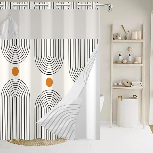 No Hook Shower Curtain with Snap in Liner, Ivory Boho Mid Century Modern Arch Heavy Duty See Through Window Waterproof Machine Washable Bathroom Curtain 71" W x 74" L, Ivory