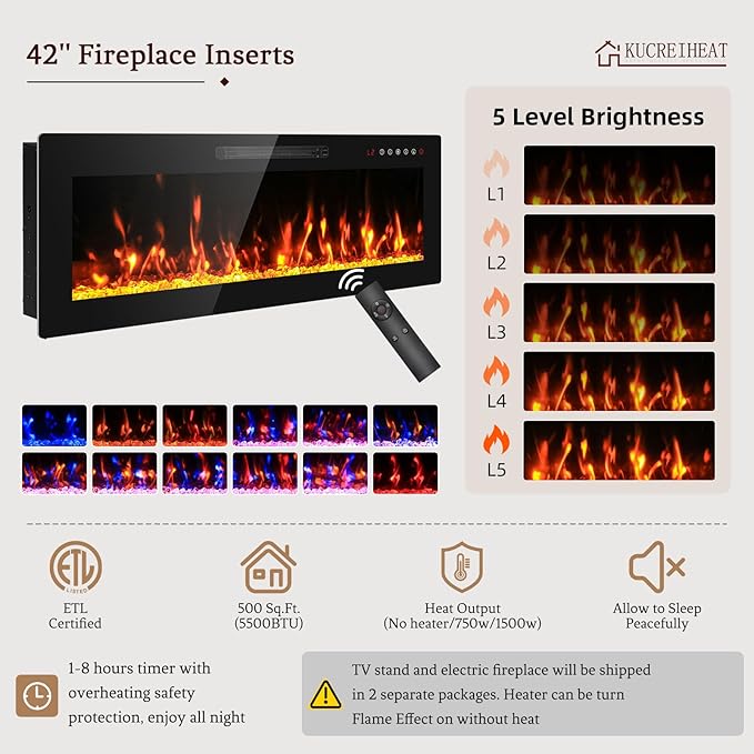 80'' TV Stand with 42''Fireplace-Black Entertainment Center for 90 inch TV- TV Cabinet with LED Light, Storage, High Glossy Door, Modern TV Console for Living Room