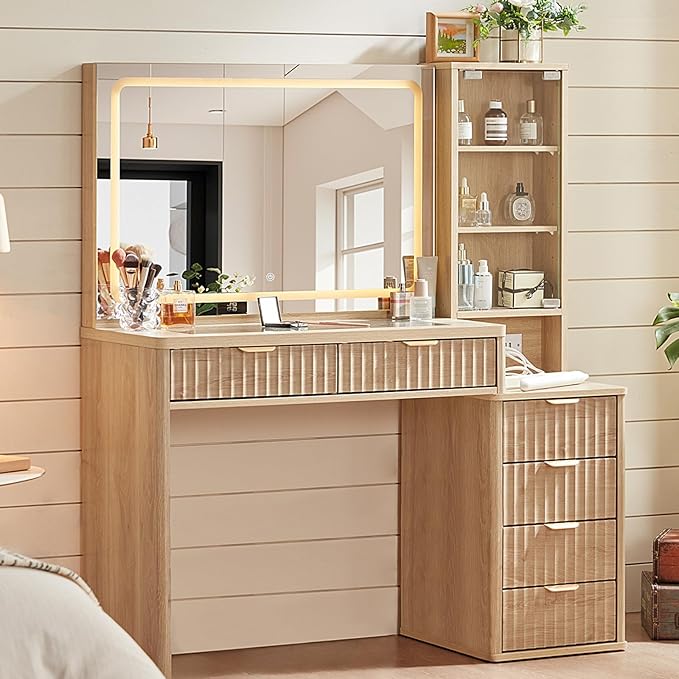 LEYAOYAO Vanity Desk with Mirror and Lights, 43.5'' Fluted Makeup Vanity with 6 Drawers and Adjustable Shelves, Natural Wood Make Up Vanity Dressing Table with Glass Top and Power Outlet for Bedroom