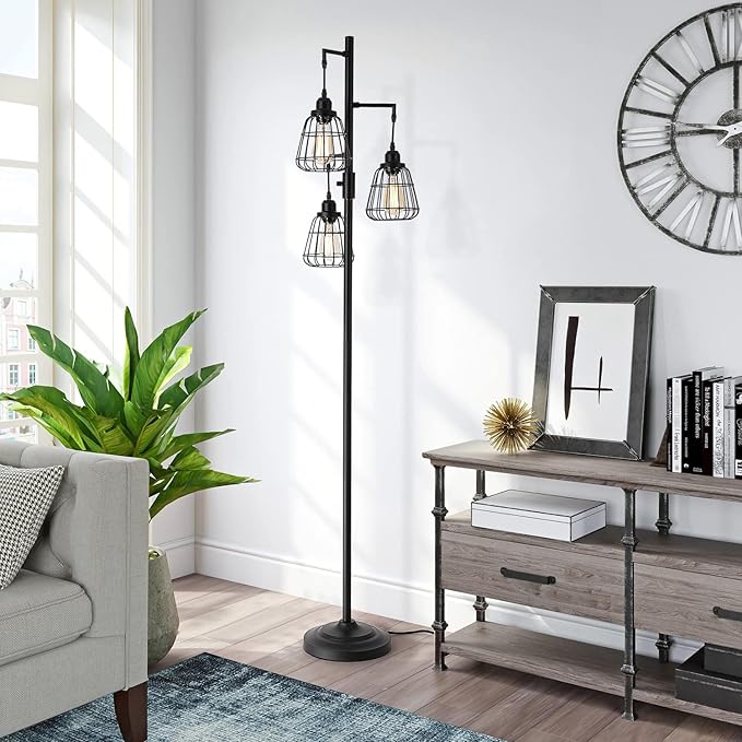 9MMML 68” Living Room Floor Lamp, Industrial Farmhouse 3 Teardrop Cage Standing Lamp,Black Tall Floor Lamp for Bedroom Office, 3 LED Edison Bulbs Included