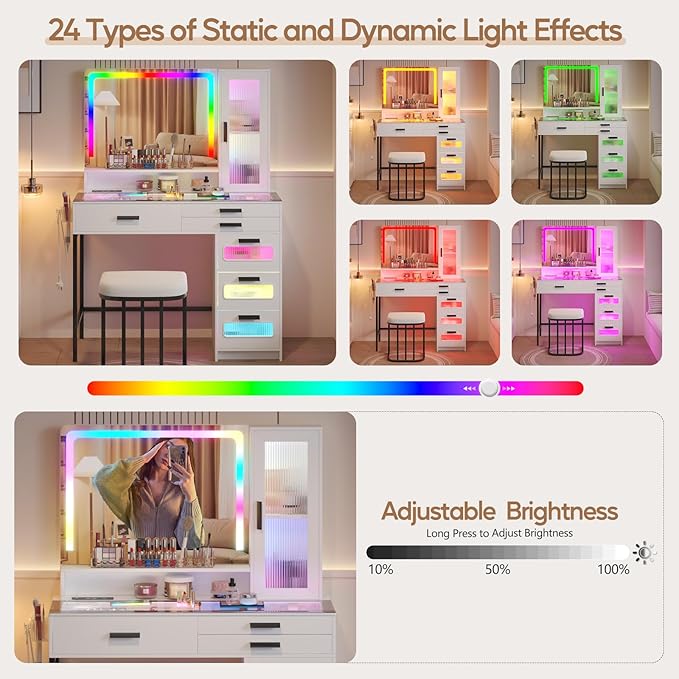 RGB Vanity Desk with Mirror and Lights, Glass Top Makeup Vanity with 6 Drawers & Wireless Charging,Vanity Table Set with RGB Cabinet Light and Jewelry Box, for Girls Bedroom, White