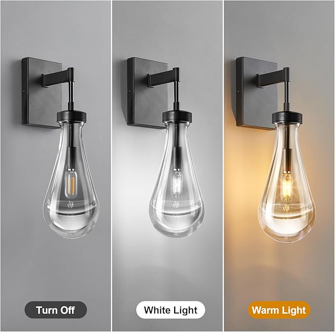 Raindrop Wall Sconces Set of Two Black Sconces Wall Decor Modern Brass Wall Lighting Glass Bathroom Sconces Indoor Vanity Light Wall Lamp for Bedroom Living Room Stair