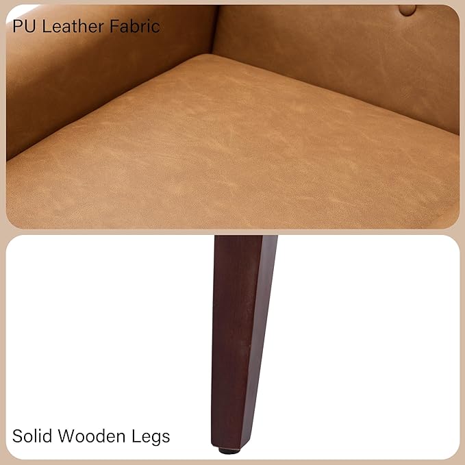 Accent Chair, Mid-Century Modern PU Leather Chairs with Arms for Living Room, Comfy Upholstered Club Single Sofa Armchair for Bedroom Waiting Room with Solid Wood Frame（Leather Brown, Set of 2)