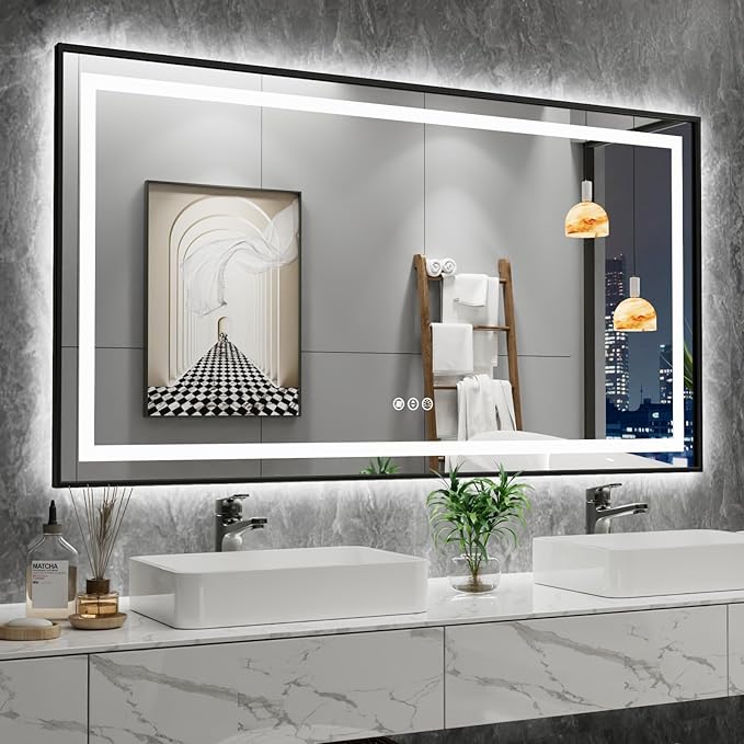 Amorho 48" X30" Black LED Mirror for Bathroom, Front Light and Backlit, Stepless Dimmable, Anti-Fog, Shatter-Proof, Memory, 3 Colors, Double LED Vanity Mirror