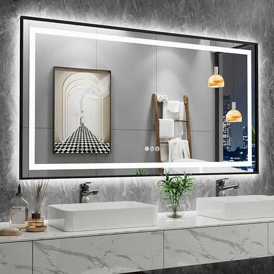 Amorho 48" X30" Black LED Mirror for Bathroom, Front Light and Backlit, Stepless Dimmable, Anti-Fog, Shatter-Proof, Memory, 3 Colors, Double LED Vanity Mirror