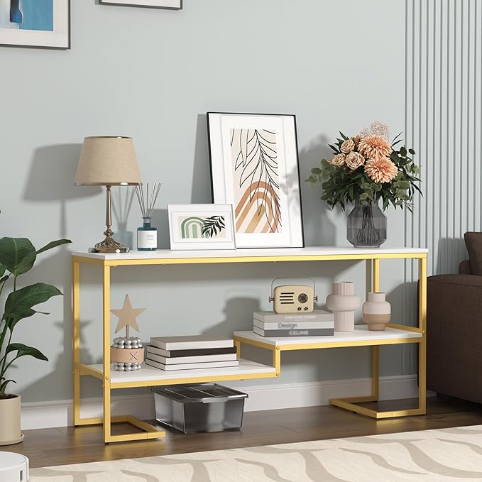 TV Stand for TV up to 60 Inch, TV Console Table with Open Storage Shelves, Industrial Media Entertainment Center for Living Room, Bedroom, Gold and White