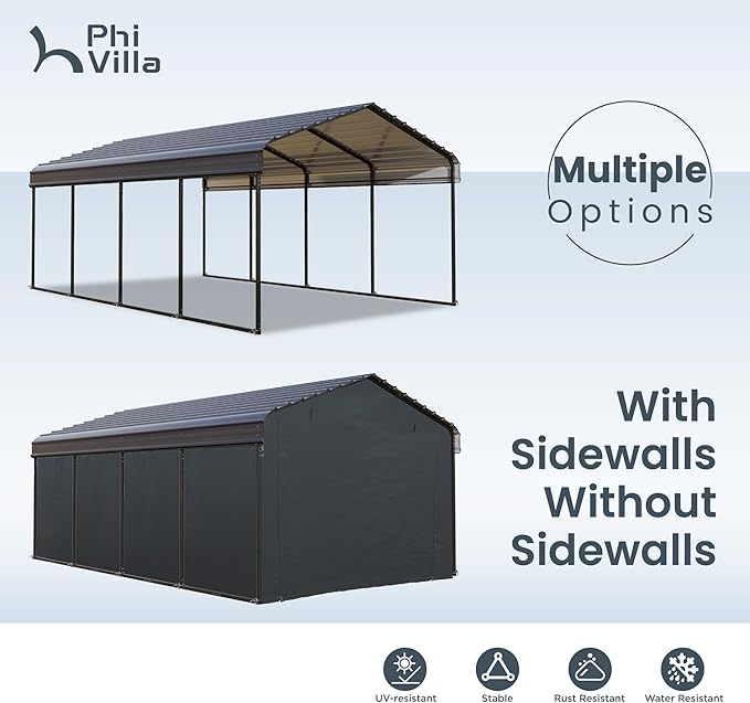 PHI VILLA 12 x 20 ft Carport Metal Carports with Galvanized Steel Roof, Sturdy Heavy Duty Metal Carport for Cars, Boats, and Tractors