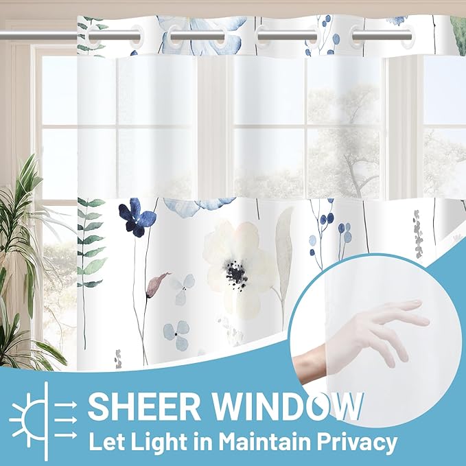 No Hook Shower Curtain with Snap in Liner - Floral Shower Curtain - Fabric Waterproof Inner Liner, Plants Watercolor Navy Blue Modern Cloth Shower Curtains - Machine Washable, 71 x 74