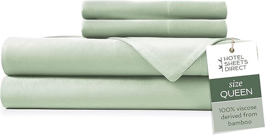 Hotel Sheets Direct 4 Piece Bed Sheet Set Queen Size, 100% Viscose Derived from Bamboo Sheets Set with 2 Pillowcases, Cooling & Breathable Luxury Bedding, Moisture-Wicking & Silky Soft, Light Green