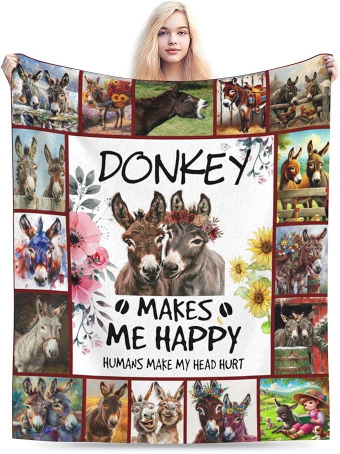 Donkey Blanket Soft Cozy Donkey Plush Throw Blanket Farm Donkey Stuff Decor Warm Lightweight Animal Flannel Fleece Blanket Giftsfor Lover Girls Kids Boys Women Adults Bed Travel 50"x60"