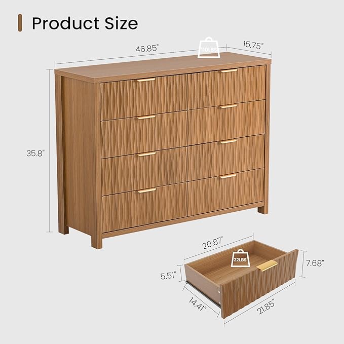 Dresser for Bedroom with 8 Drawers, 46.9" Wide Modern Chest of Drawers with Metal Handle, Wood Dresser TV Stand, Wood Storage Organizer for Bedroom, Living Room(Brown)