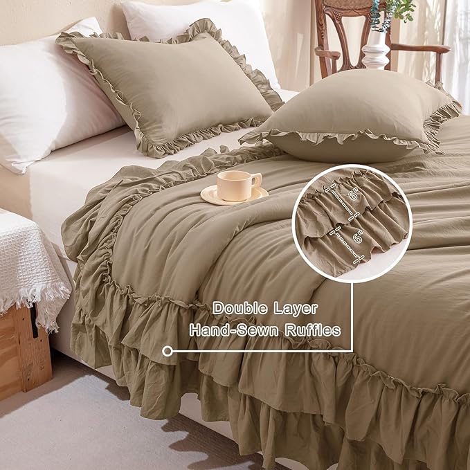 QSH Ruffled Comforter Set King Size,3PCs Light Taupe Shabby Boho Chic Bedding Comforter Sets King, Ultra Soft Farmhouse Lightweight Microfiber Inner Fill Bed Comforter Set