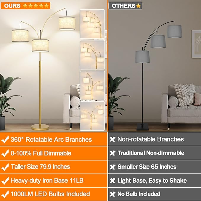 Dimmable Gold Floor Lamp, 3 Lights Arc Floor Lamps for Living Room, Modern Tall Standing Tree Lamp with White Shade & Heavy Base, Large Floor Lamp for Bedroom Office, 3x1000 LM LED Bulbs Included