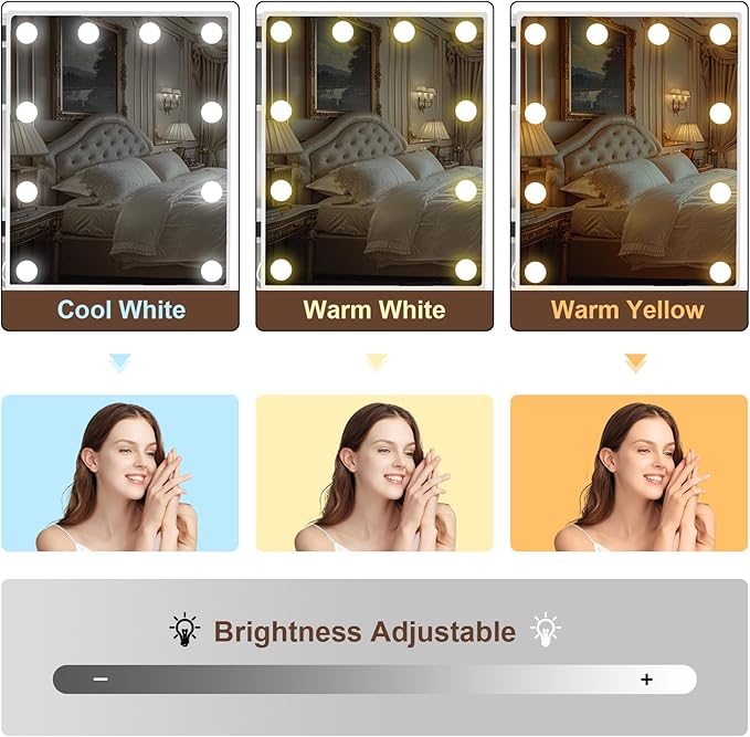 Vanity Desk with Mirror and Lights, Makeup Vanity Table with 3 Lighting Modes and Brightness Adjustable, Girls Makeup Desk with Stool and 6 Drawers for Bedroom, White