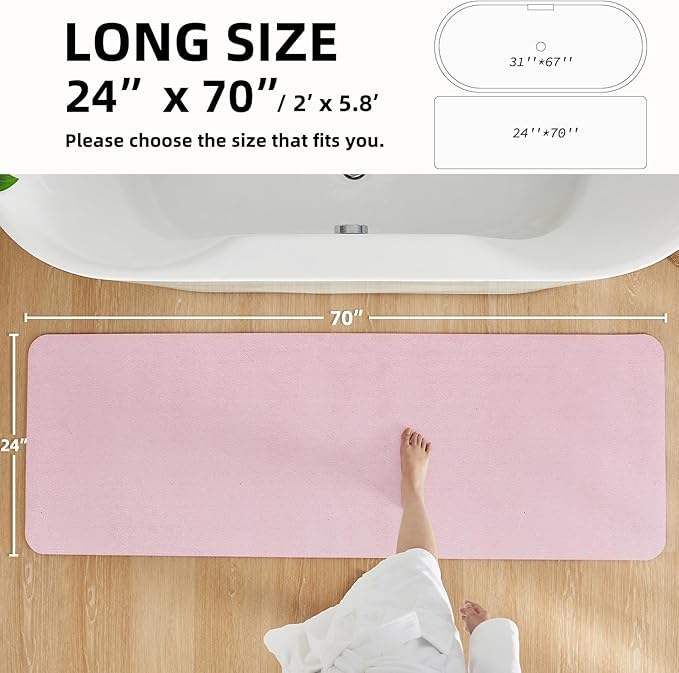 Pink Bath Mat, Bathroom Rugs Non Slip Washable Thin Absorbent Quick Dry Bath Mat Fits Under Door Bathroom Floor Mat Perfect for Bath, Shower, or Sink 24"x70" Pink