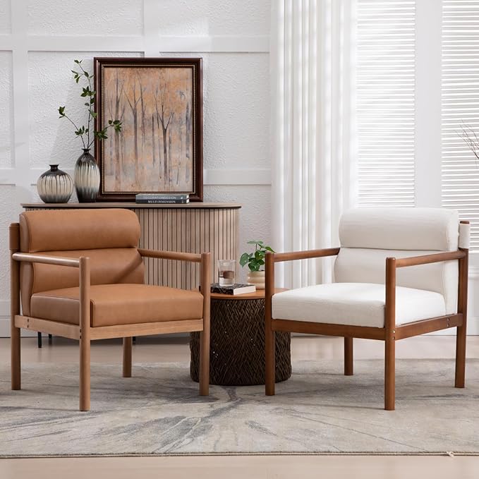 Mid-Century Accent Chairs Set of 2, Modern Linen Fabric Lounger Chairs Upholstered Armchairs with Walnut Wood Frame, Upholstery Back Leisure Chairs for Living Room, Balcony, White